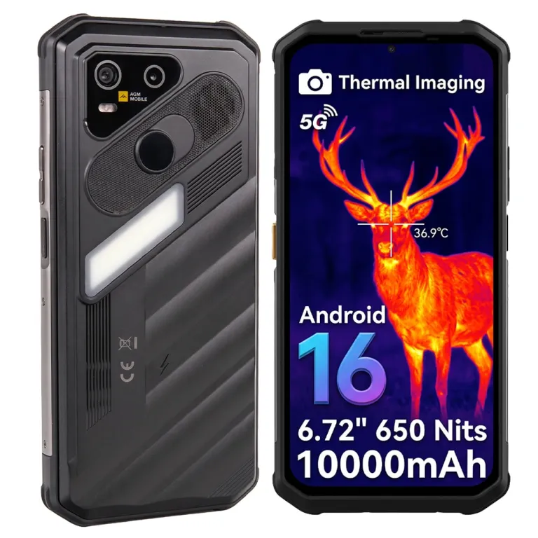 AGM X7 Pro mit Vorder- und Rückseite sowie einer farbigen Wärmebilddarstellung eines Hirsches auf dem Display