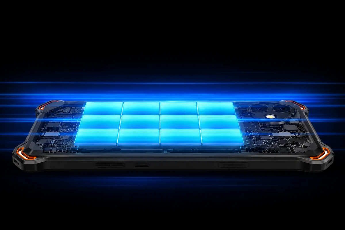 Symbolische Darstellung des AGM P3 Compact mit blau leuchtendem Akku im transparent dargestellten Gehäuse