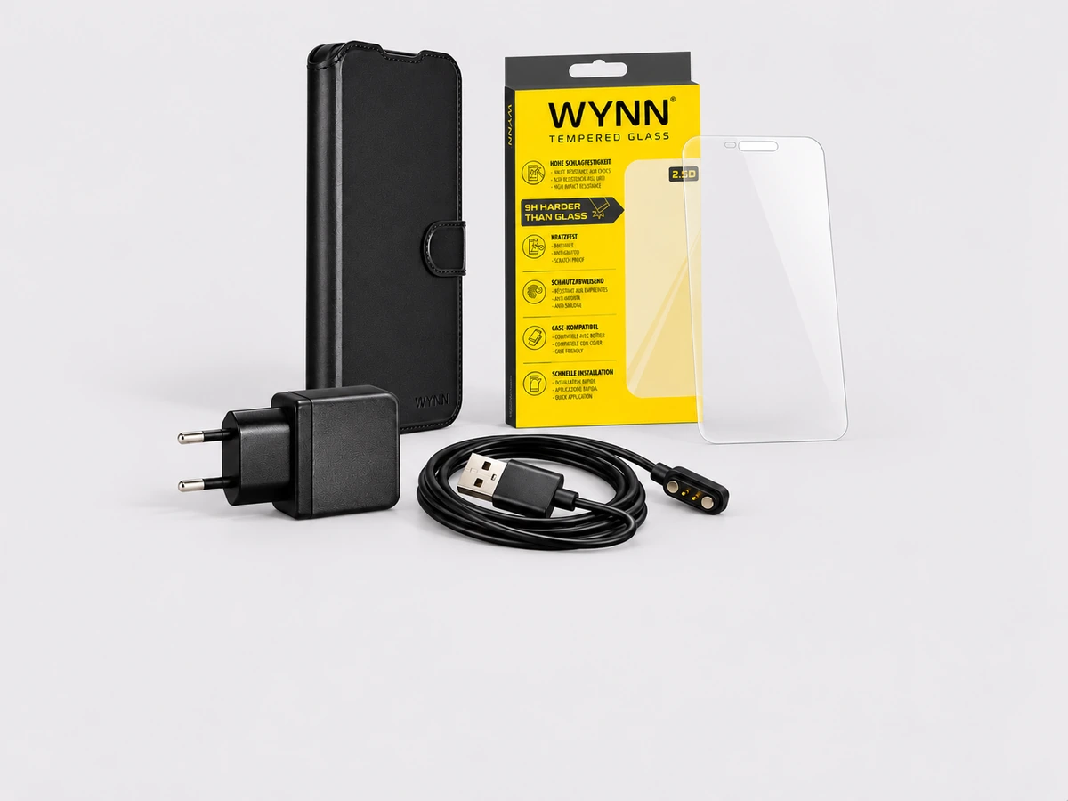 Housse en cuir WYNN et verre de protection d’écran avec emballage, chargeur USB et câble de recharge magnétique