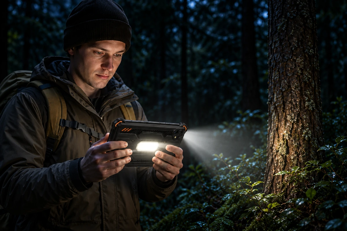 Mann im dunklen Wald hält ein AGM P3 Compact mit eingeschaltetem Campinglicht auf der Rückseite