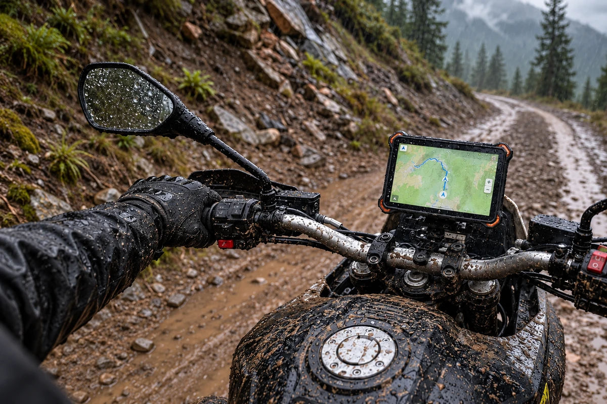 AGM P3 Compact mit Navigationskarte am Motorradlenker auf einem nassen Waldweg