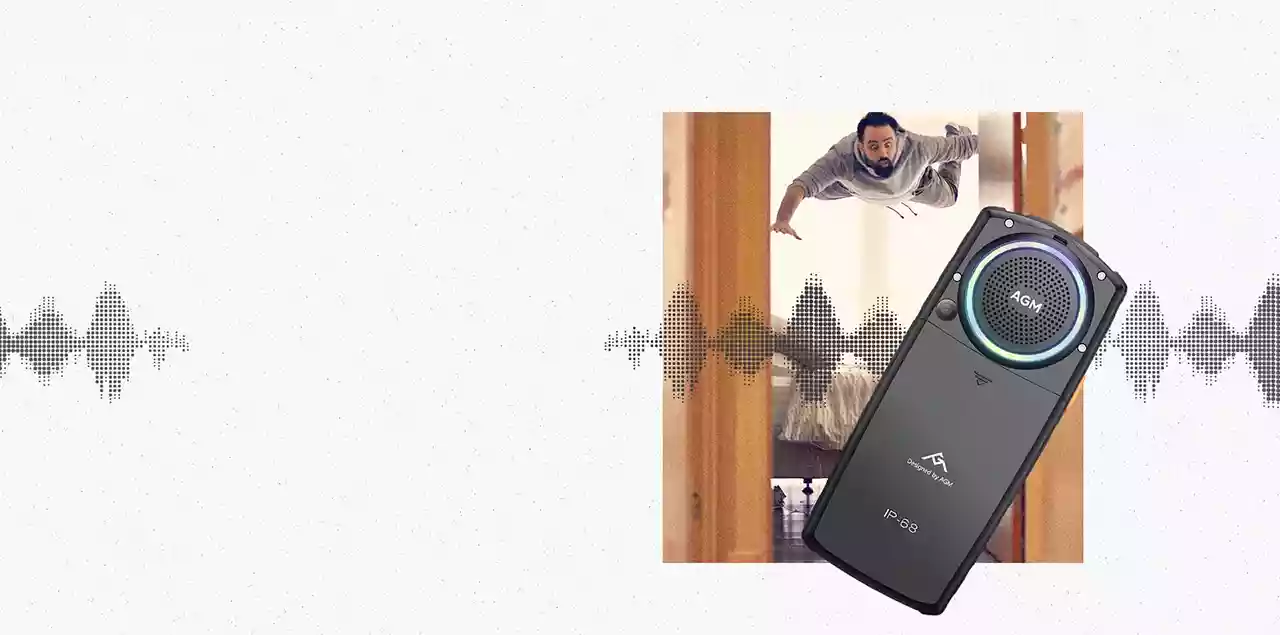 AGM M6 Swiss Edition – Werbegrafik mit Tonfrequenzen im Hintergrund, Fokus auf Lautstärke und LED-Ring