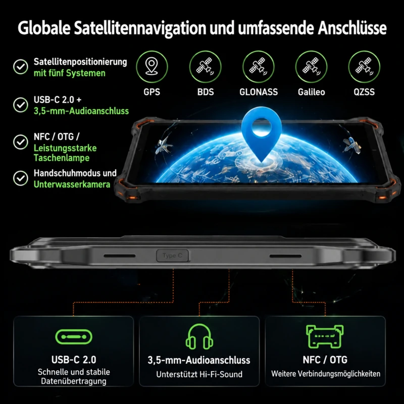 Grafik zur Satellitennavigation und zu den Anschlüssen des AGM P3 Compact, darunter USB-C und 3,5-mm-Audioanschluss
