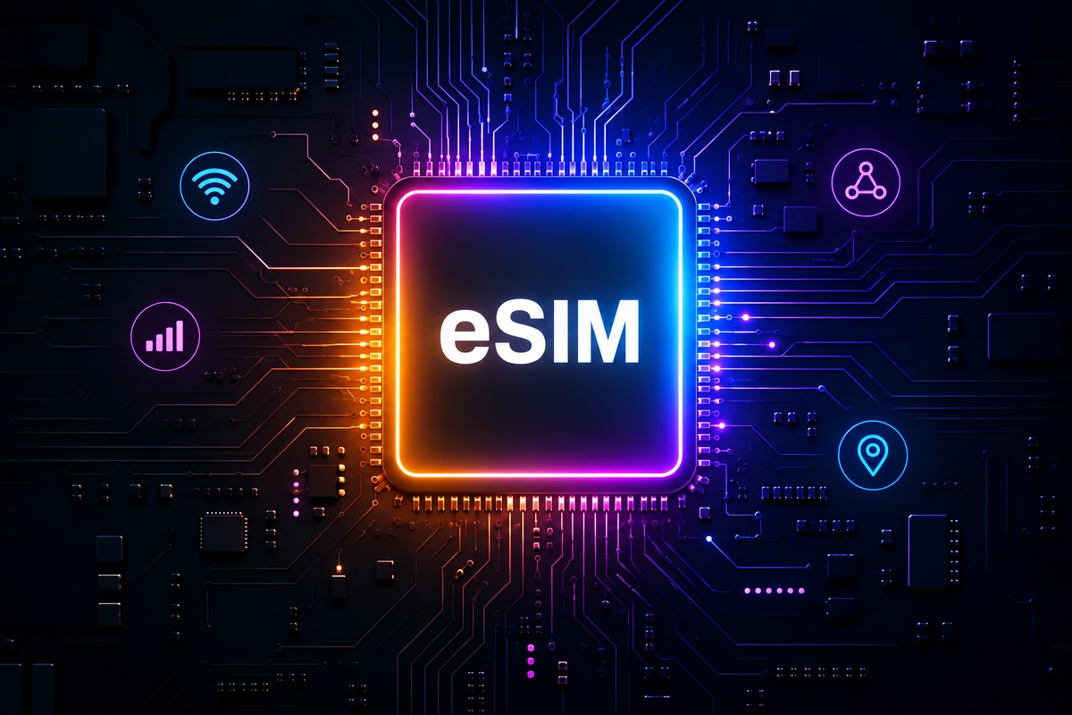 Illustration der eSIM-Funktion des AGM P3 Compact mit leuchtendem Chip und Symbolen für drahtlose Verbindungen