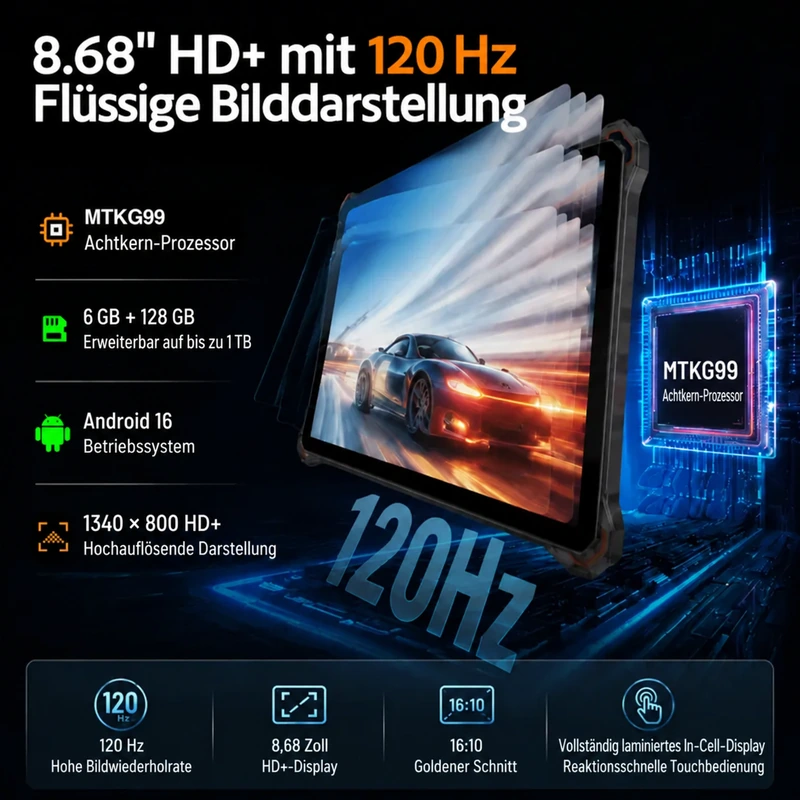 Grafik zum 8,68-Zoll-HD+-Display des AGM P3 Compact mit 120 Hz, Prozessor und Speicher