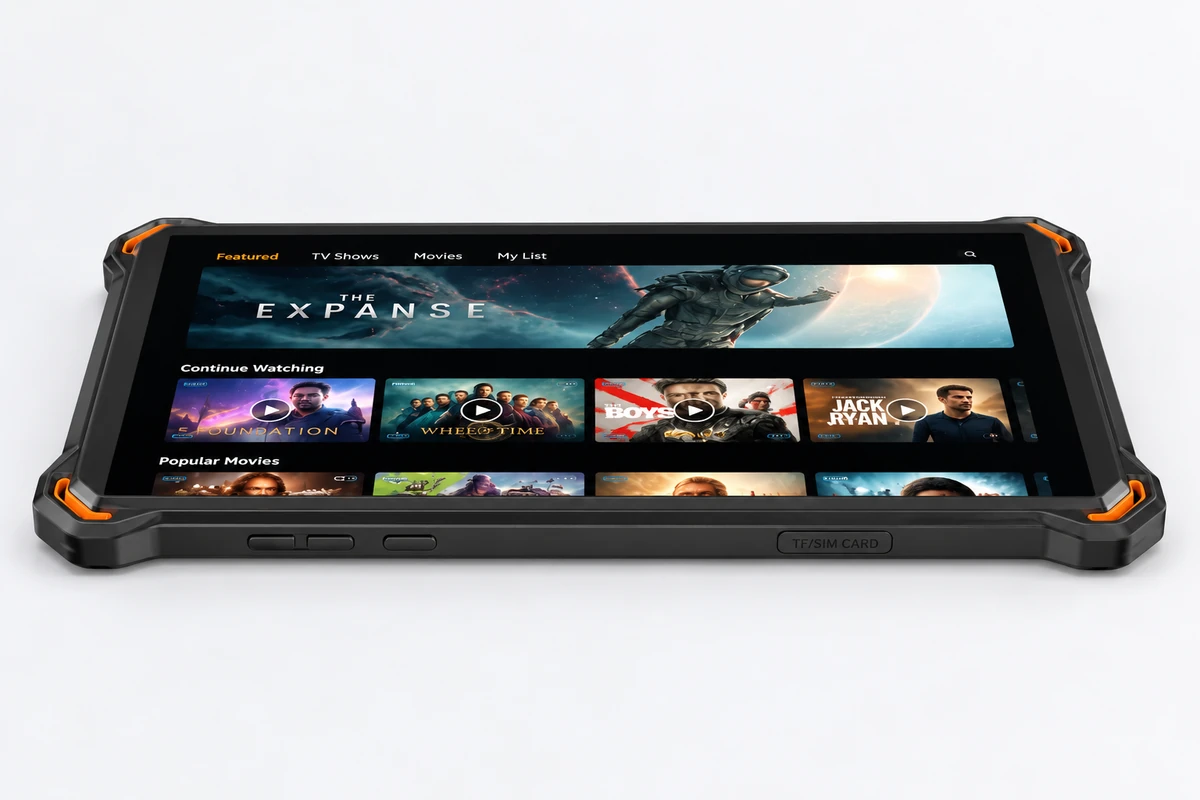 AGM P3 Compact im Querformat mit einer Film- und Serienübersicht auf dem Display