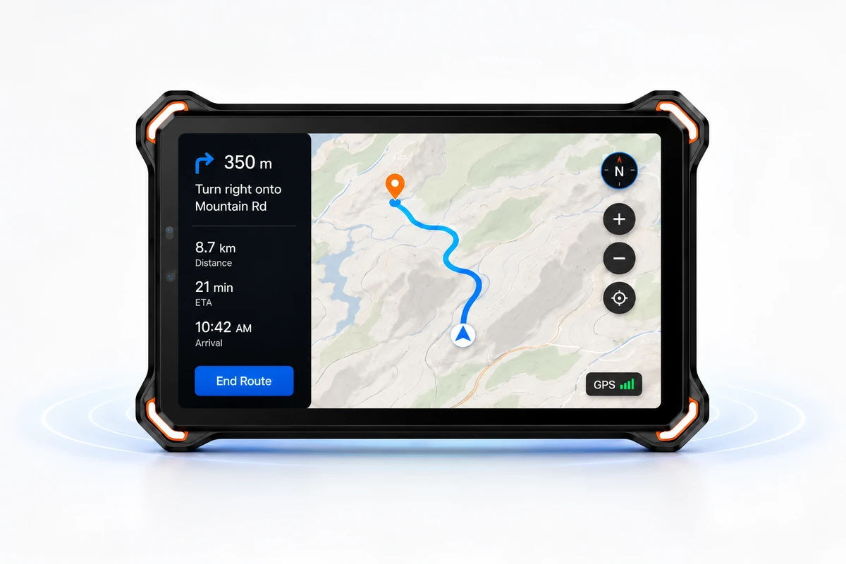 AGM P3 Compact im Querformat mit einer Navigationskarte, blauer Route und Abbiegehinweisen auf dem Display