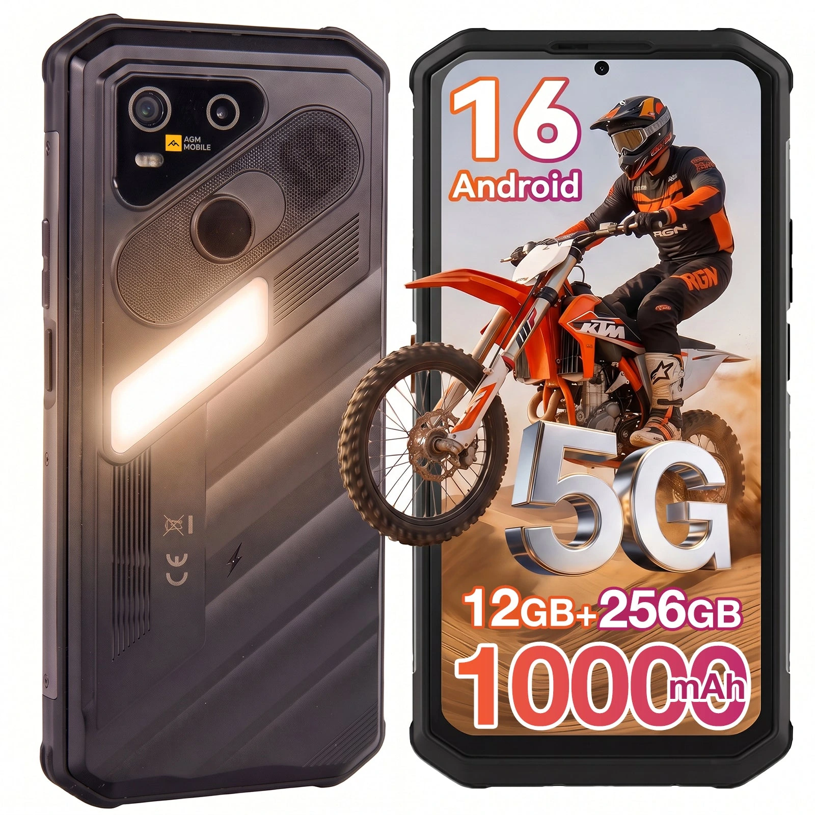 AGM X7 mit Vorder- und Rückseite, leuchtender Rückseitenlampe und Motorradmotiv vor dem Display