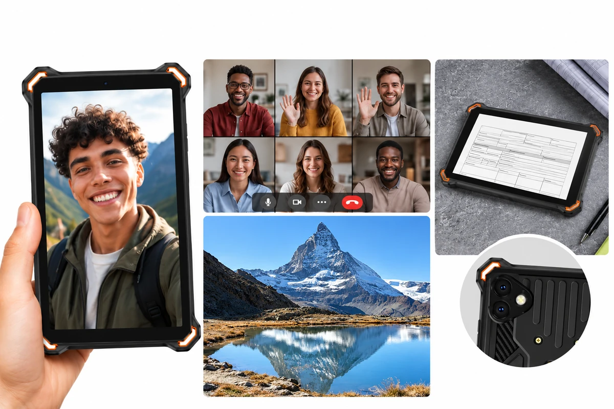 Collage zum AGM P3 Compact mit Selfie, Videoanruf, Matterhorn mit Spiegelung im Bergsee, Arbeitsdokument und Kameradetail
