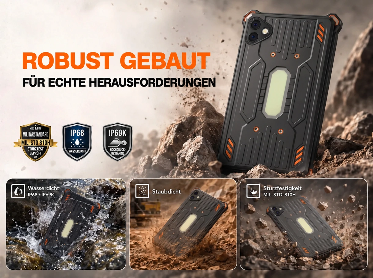 Collage des AGM P3 Compact zwischen Felsen sowie in Szenen mit Spritzwasser, Staub und Steinen