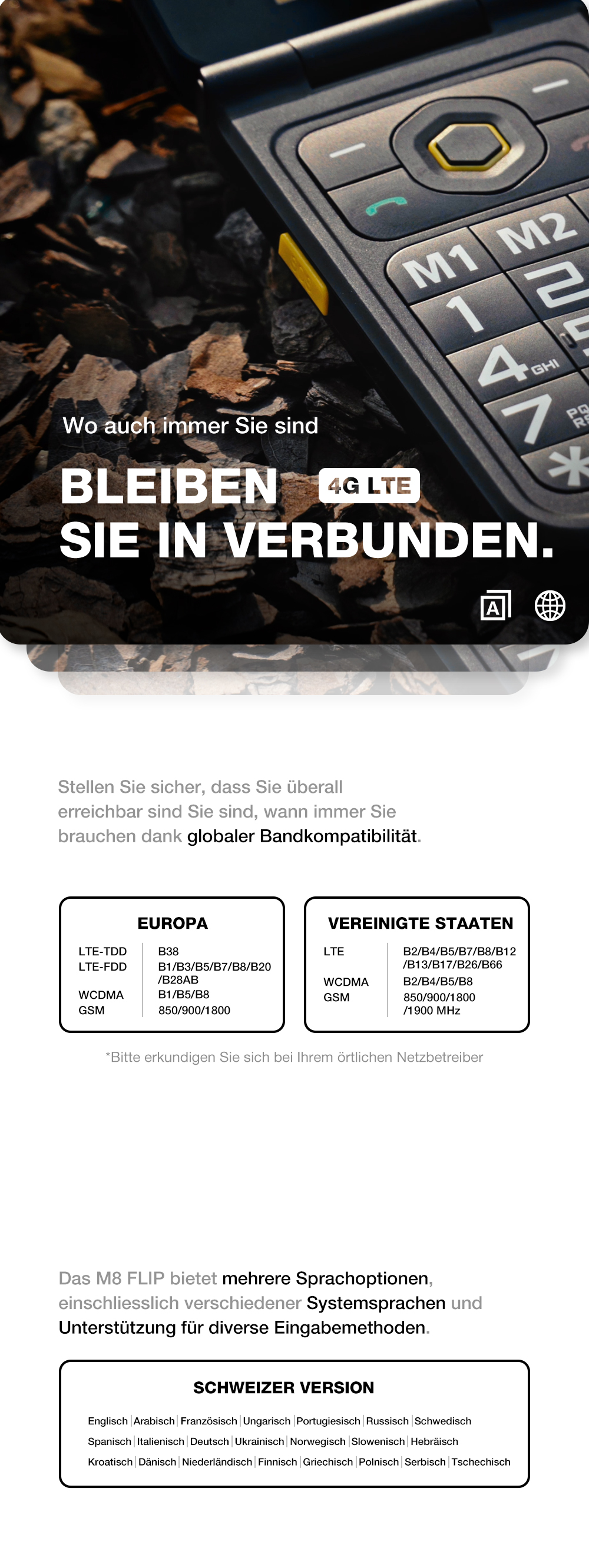 AGM M8 Flip Swiss Edition – visuelle Verkaufsunterlage mit Netzkompatibilität, M-Tasten und Produktvorteilen