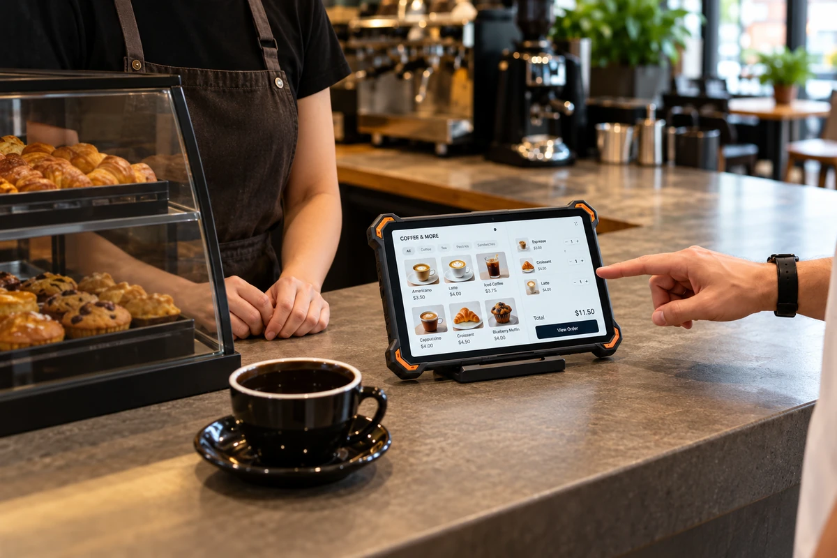 AGM P3 Compact auf einer Cafétheke mit digitaler Speisekarte und einem Kunden, der auf das Display zeigt