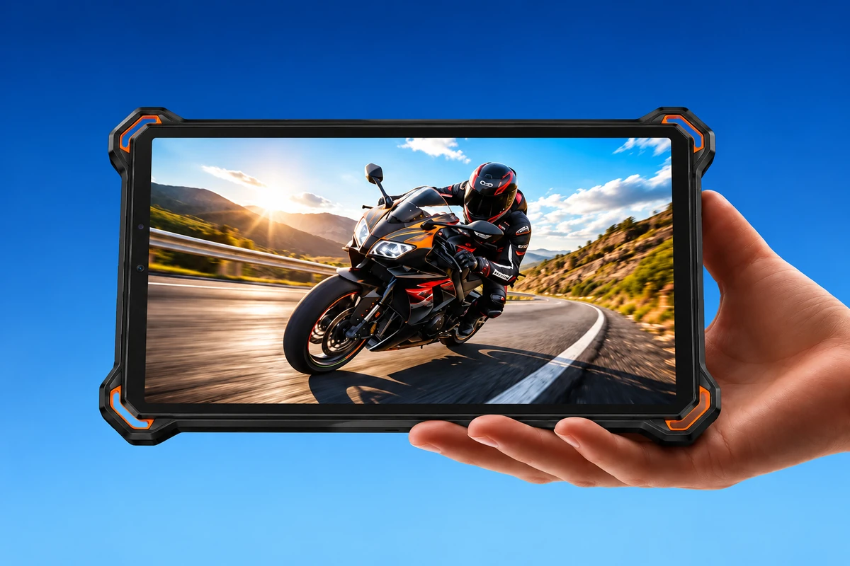 AGM P3 Compact in einer Hand, mit einem Motorradmotiv auf dem Display im Querformat