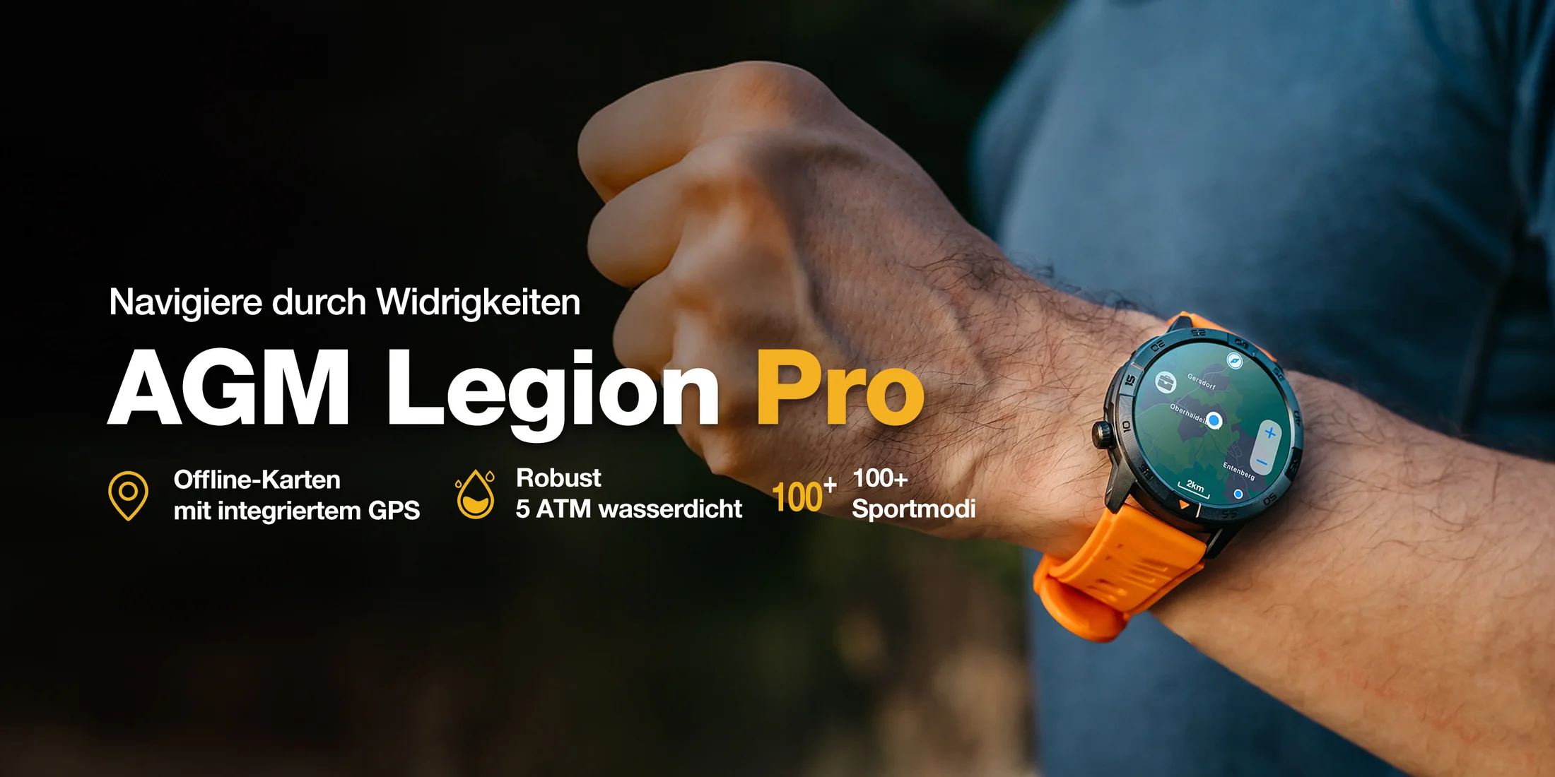 AGM Legion Pro Outdoor-Smartwatch mit orangefarbenem Armband am Handgelenk – Navigation direkt am Handgelenk.