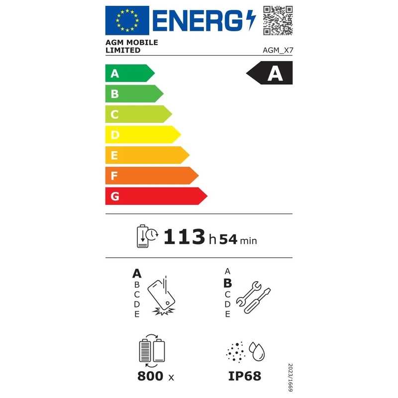EU-Energielabel des AGM X7 mit Energieeffizienzklasse A, 113 Stunden 54 Minuten Akkulaufzeit pro Ladezyklus und Schutzart IP68