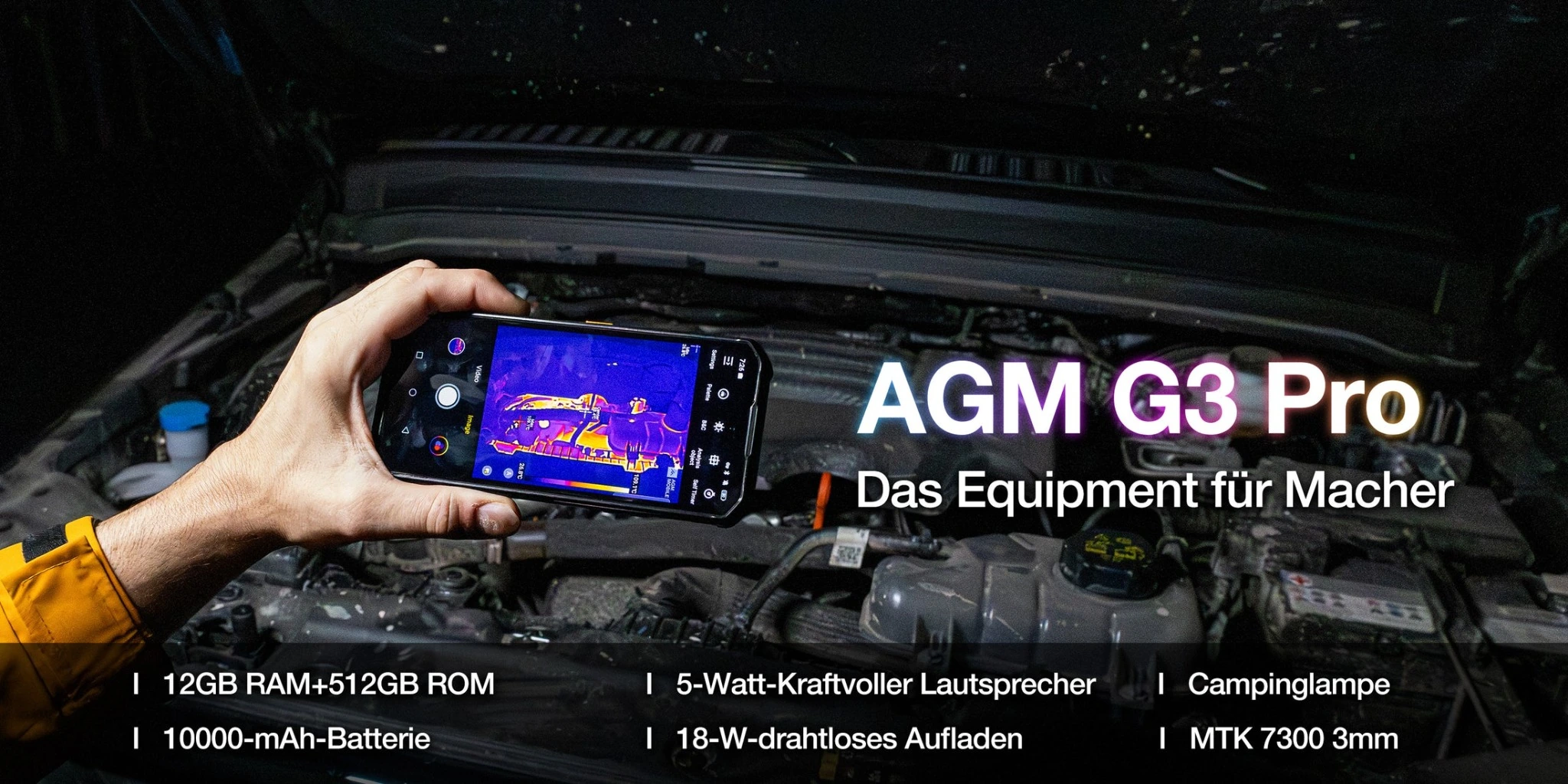 AGM G3 Pro mit Wärmebildanzeige auf dem Display bei der Kontrolle eines Motorraums.