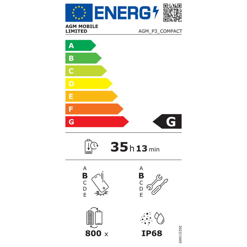 Energielabel des AGM P3 Compact mit Energieeffizienzklasse G, 35 Stunden und 13 Minuten Akkulaufzeit pro Ladezyklus, 800 Ladezyklen, Sturzfestigkeitsklasse B, Reparierbarkeitsklasse B und Schutzart IP68.