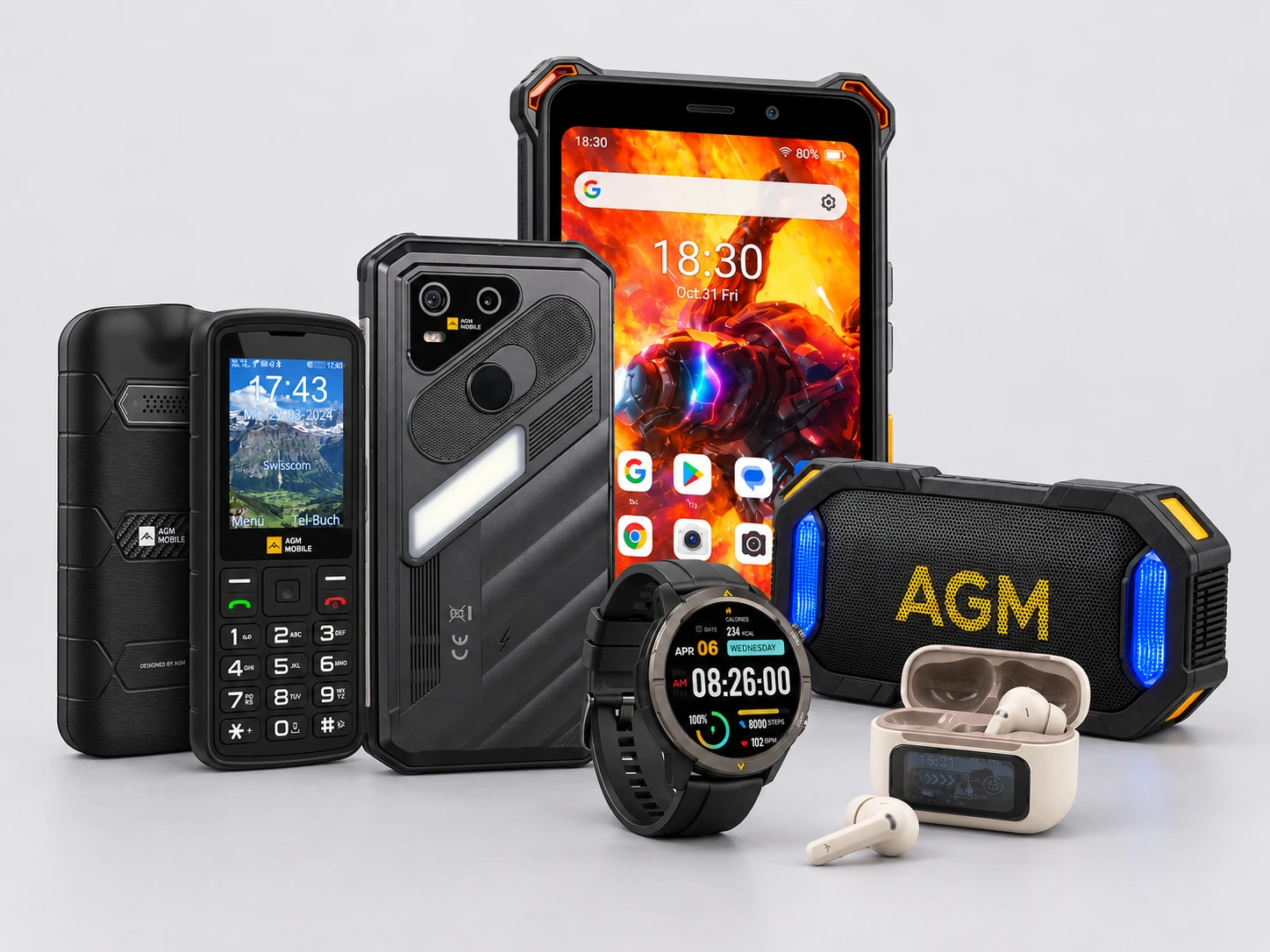 AGM-Sortiment mit Smartphones, Tastenhandys, Smartwatch, Bluetooth-Lautsprecher und kabellosen Kopfhörern.