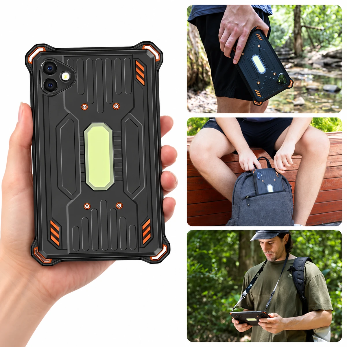 AGM P3 Compact in der Hand sowie beim Tragen, Verstauen im Rucksack und Verwenden mit Tragegurt im Freien