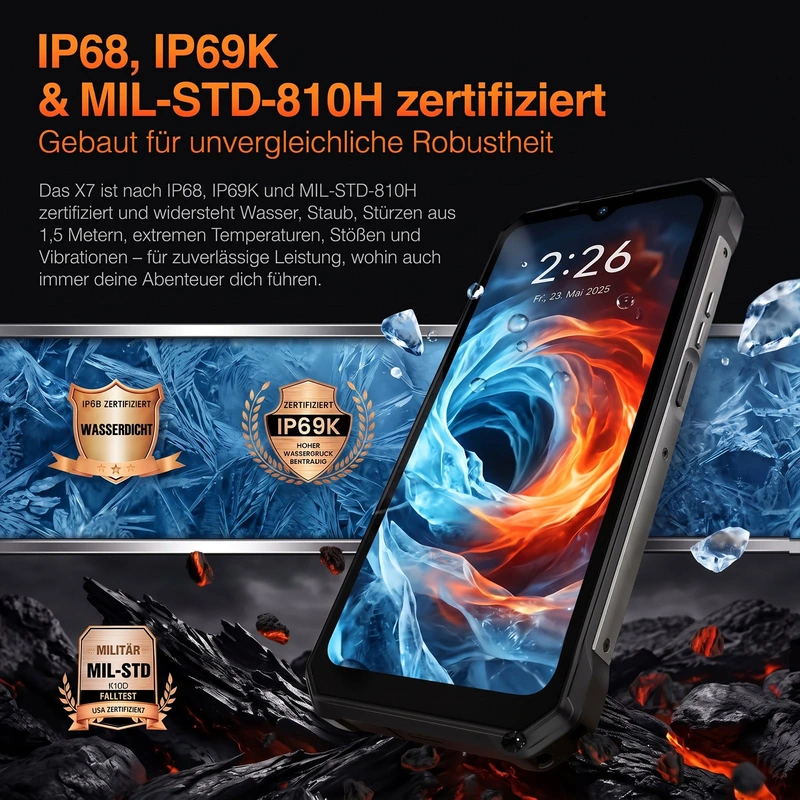 AGM X7 vor Wasser- und Felsmotiven mit Angaben zu IP68, IP69K und MIL-STD-810H