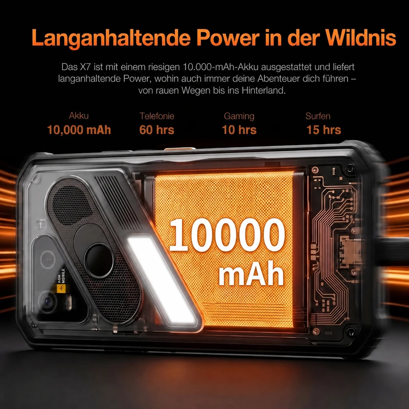 AGM X7 mit grafisch hervorgehobenem Akku und der Kapazitätsangabe 10’000 mAh