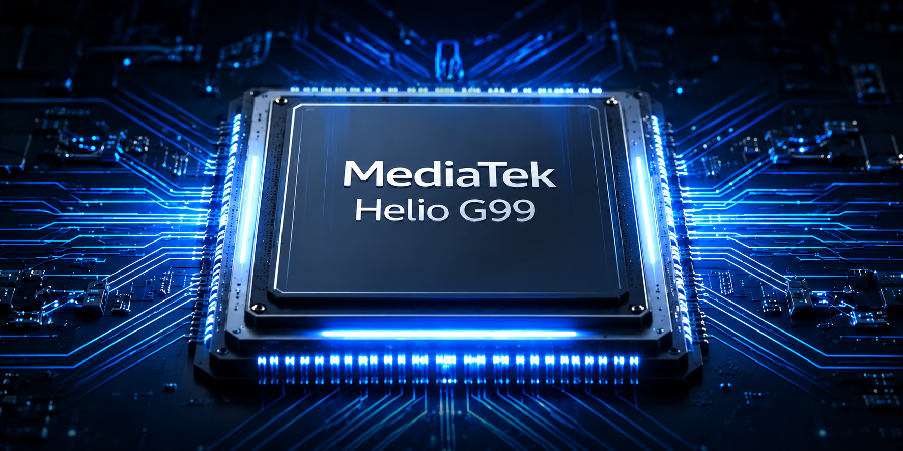 Illustration des MediaTek Helio G99 Prozessors im AGM P3 Compact auf einer blau beleuchteten Platine