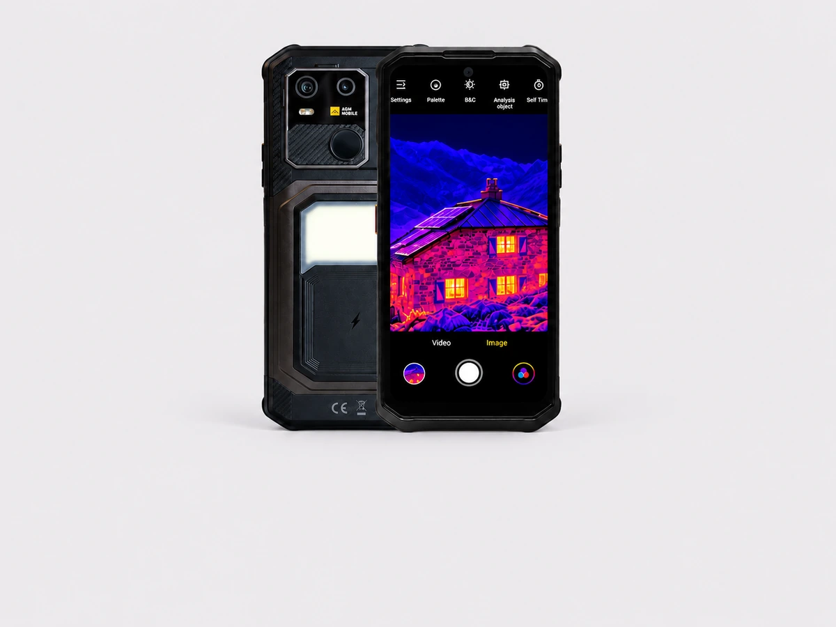 AGM G3 Pro vu de face et de dos, avec une image thermique à l’écran