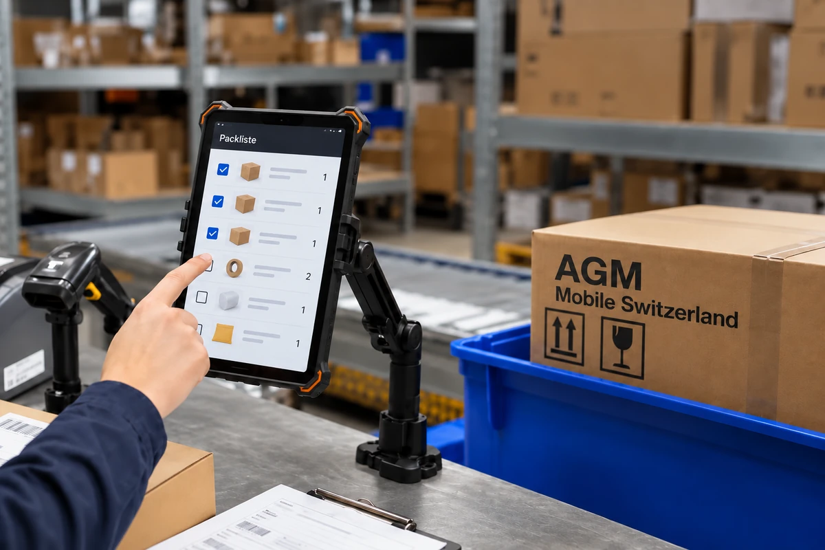 AGM P3 Compact an einer Tischhalterung mit digitaler Packliste neben einem Scanner und Versandkarton