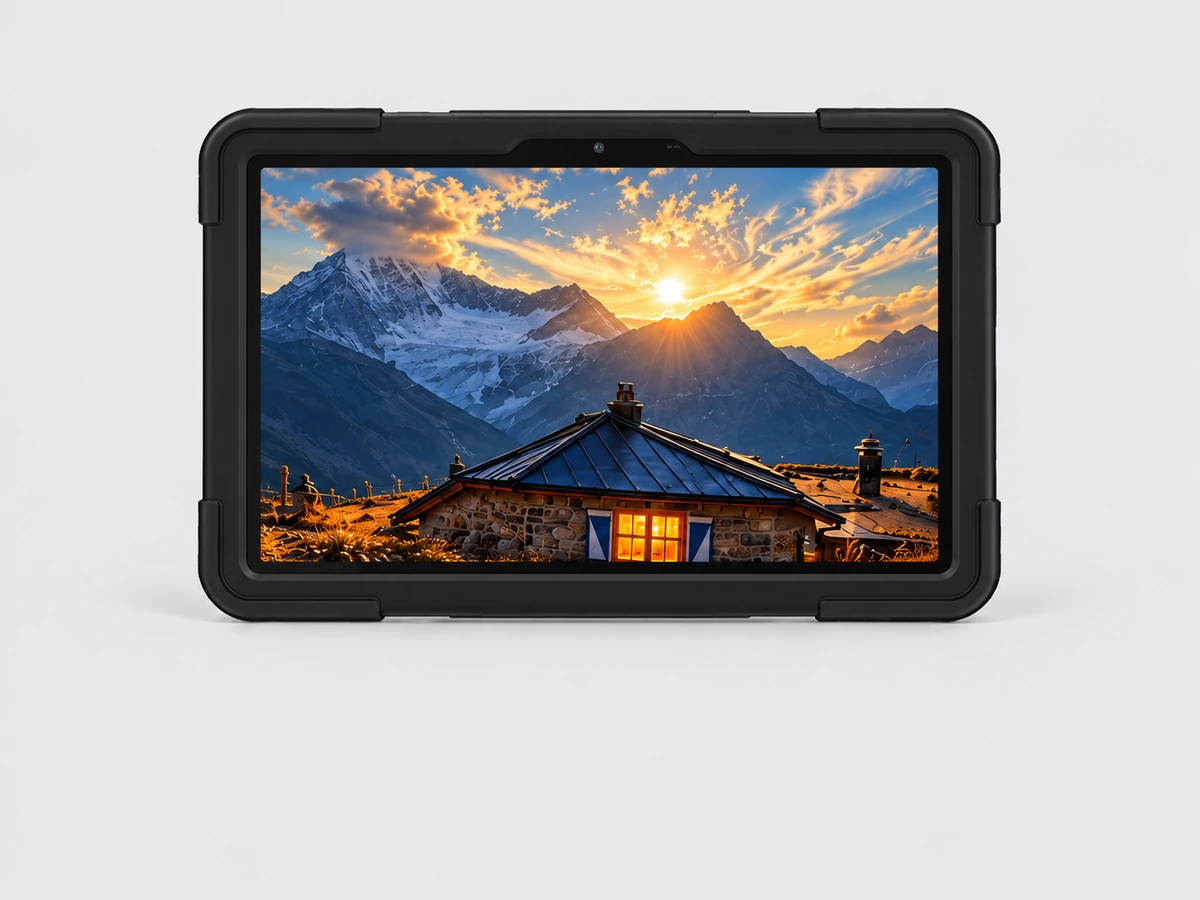 Robustes AGM Tablet im Querformat mit einer Darstellung der Domhütte oberhalb von Randa im Wallis und der Berglandschaft bei Sonnenuntergang auf dem Display