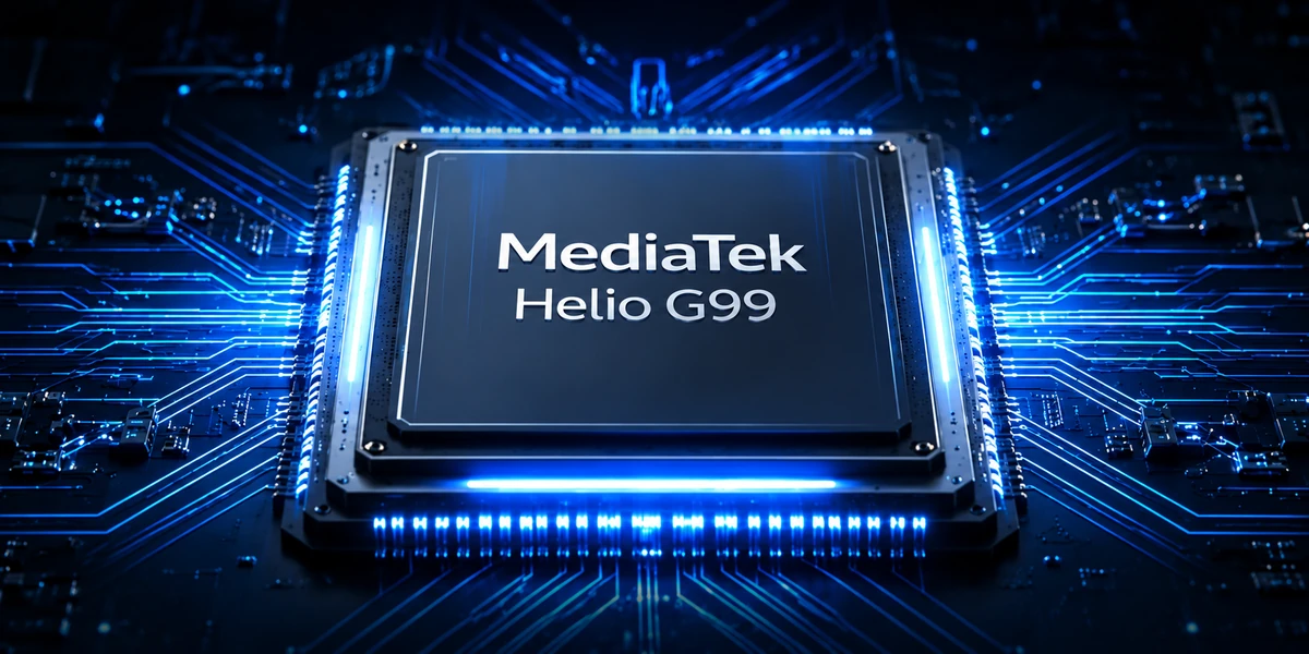 Illustration des MediaTek Helio G99 Prozessors im AGM P3 Compact auf einer blau beleuchteten Platine